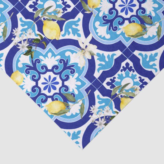 Mediterrane tegels, blauwe tegels, citroen, tissuepapier (Detail)