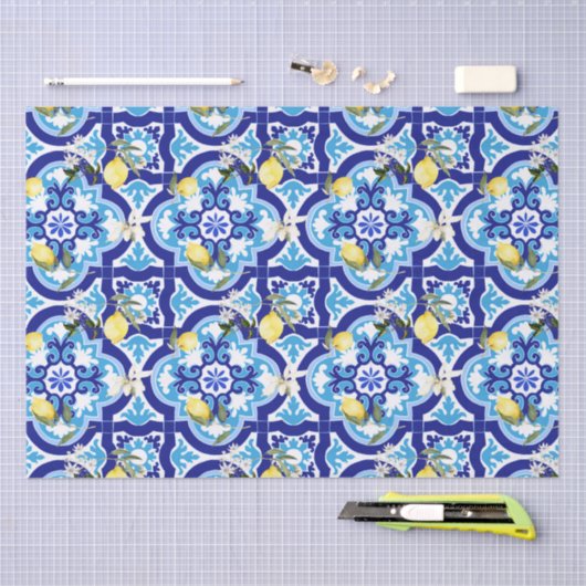 Mediterrane tegels, blauwe tegels, citroen, tissuepapier (Craft)