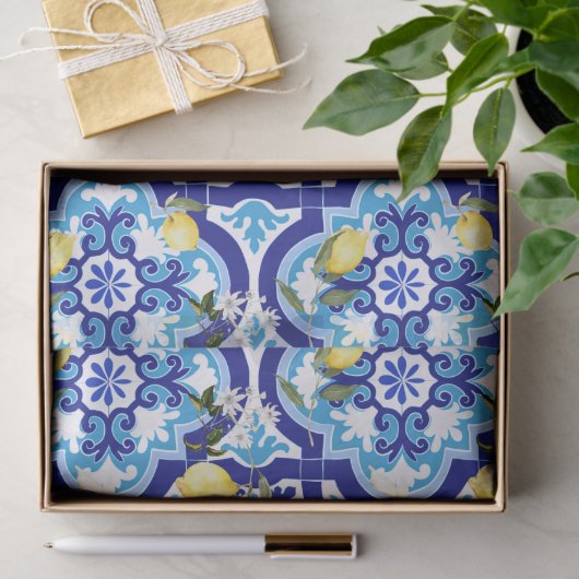 Mediterrane tegels, blauwe tegels, citroen, tissuepapier (Geschenk)