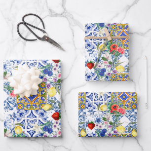mediterrane tegels, citroen, bloemen, majolica, zo inpakpapier vel