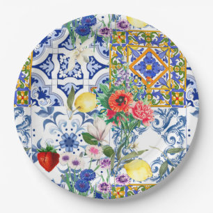 mediterrane tegels, citroen, bloemen, majolica, zo papieren bordje