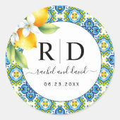 Mediterrane tegels en citroenen bruiloft ronde sticker (Voorkant)