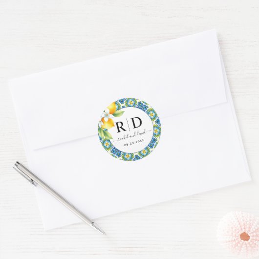 Mediterrane tegels en citroenen bruiloft ronde sticker (Envelop)
