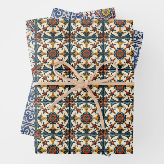 Mediterrane Tegels Inpakpapier Folk Art 3 Set (In situ)