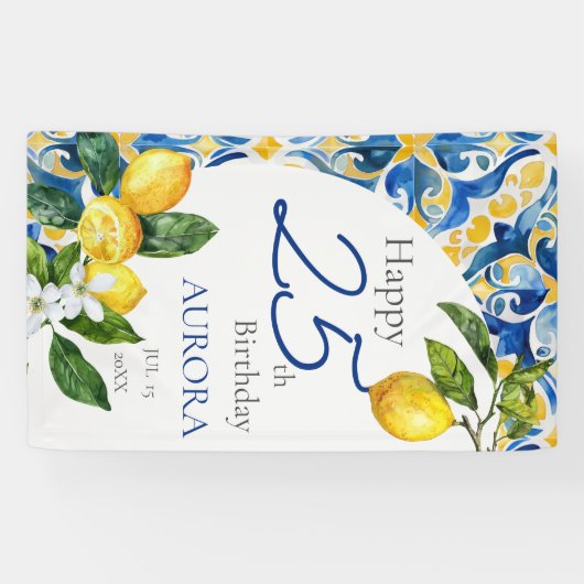 Mediterrane Tegels Lemon 25e Verjaardag Spandoek (Horizontaal)
