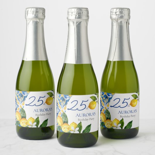 Mediterrane Tegels Lemon 25e Verjaardag Sparkling Wijnetiket (Flessen)