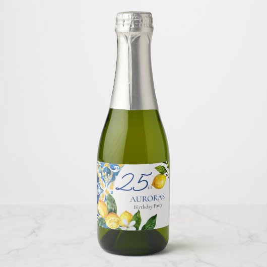 Mediterrane Tegels Lemon 25e Verjaardag Sparkling Wijnetiket (Voorkant)
