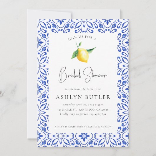 Mediterrane Tegels Lemon Bridal Shower Invitation Kaart (Voorkant)