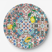 Mediterrane tegels, mozaïek, citroen, zomerkunst papieren bordje (Voorkant)