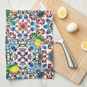 Mediterrane tegels, mozaïek, citroen, zomerkunst theedoek (Quarter Fold)