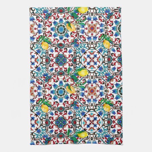 Mediterrane tegels, mozaïek, citroen, zomerkunst theedoek (Verticaal)