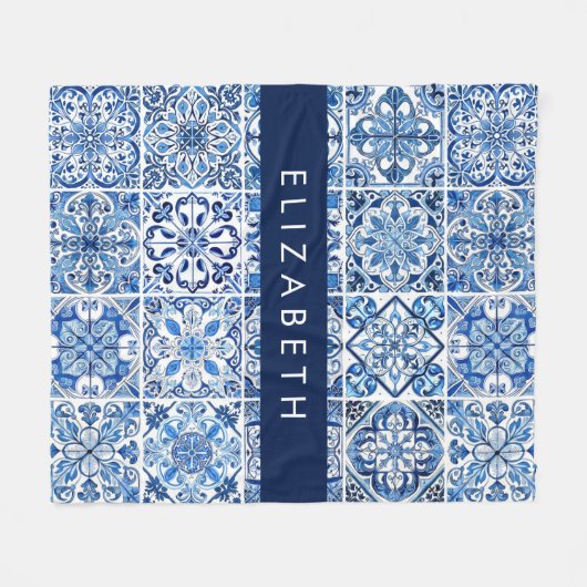 Mediterrane Tegels, Portugees, Azulejo, Jouw naam Fleece Deken (Voorkant (Horizontaal))