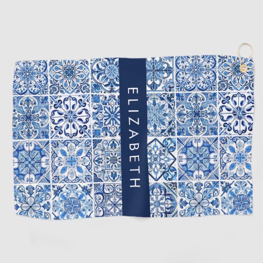Mediterrane Tegels, Portugees, Azulejo, Jouw naam Golfhanddoek (Horizontaal)
