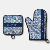 Mediterrane Tegels, Portugees, Azulejo, Jouw naam Ovenwant & Pannenlap Set (Voorkant)