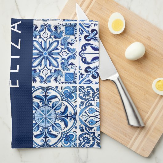 Mediterrane Tegels, Portugees, Azulejo, Jouw naam Theedoek (Quarter Fold)