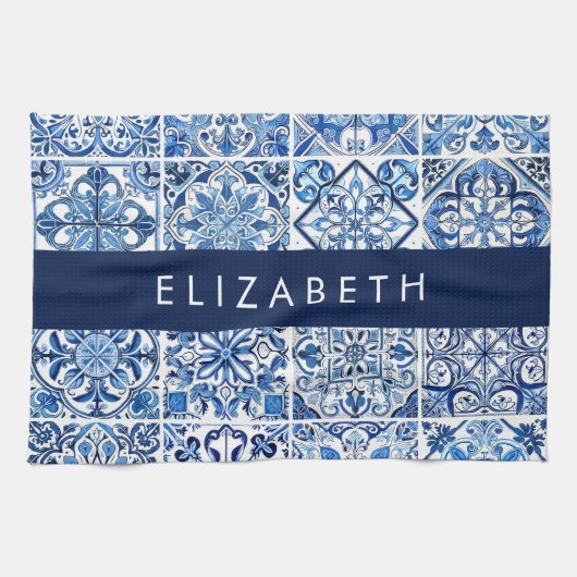Mediterrane Tegels, Portugees, Azulejo, Jouw naam Theedoek (Horizontaal)
