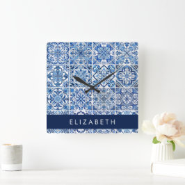 Mediterrane Tegels, Portugees, Azulejo, Jouw naam Vierkante Klok