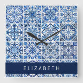 Mediterrane Tegels, Portugees, Azulejo, Jouw naam Vierkante Klok (Voorkant)