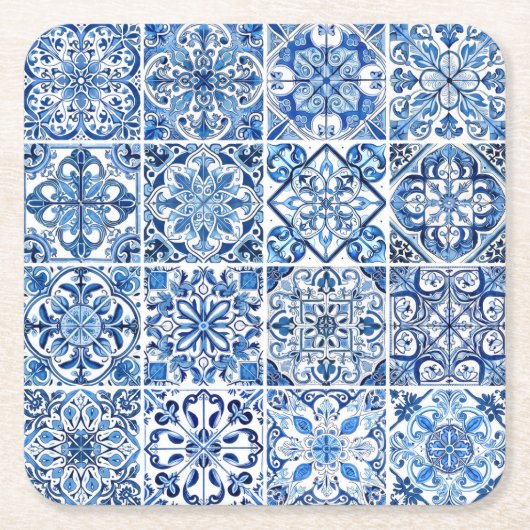 Mediterrane Tegels, Portugees, Azulejo, Majolica Kartonnen Onderzetters (Voorkant)