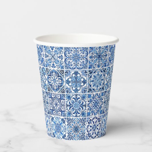Mediterrane Tegels, Portugees, Azulejo, Majolica Papieren Bekers (Achterkant)