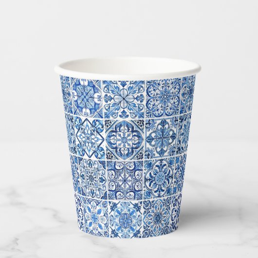 Mediterrane Tegels, Portugees, Azulejo, Majolica Papieren Bekers (Voorkant)