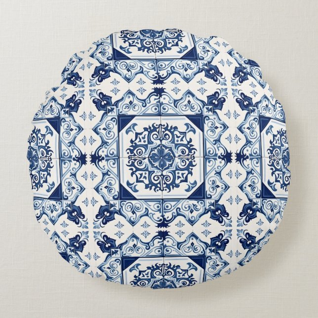 Mediterrane Tegels, Portugees, Azulejo, Majolica Rond Kussen (Voorkant)