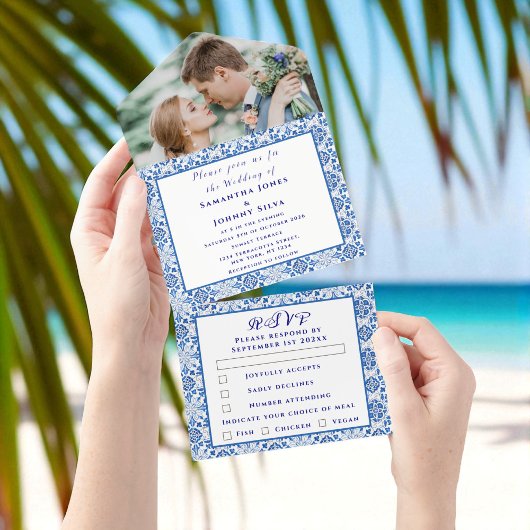 Mediterrane Tegels Portugees Foto Bruiloft All In One Uitnodiging