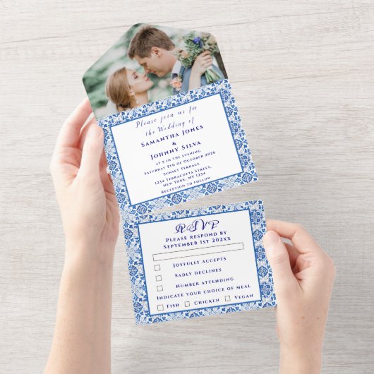 Mediterrane Tegels Portugees Foto Bruiloft All In One Uitnodiging (Afscheurbaar)