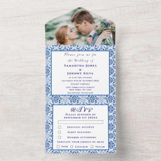 Mediterrane Tegels Portugees Foto Bruiloft All In One Uitnodiging (Binnen)