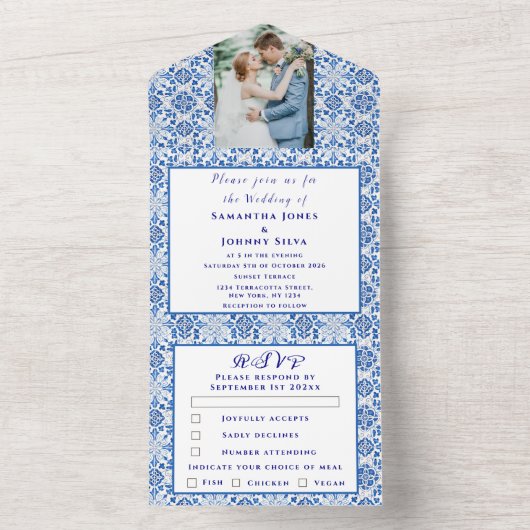 Mediterrane Tegels Portugees Foto Bruiloft All In One Uitnodiging (Binnen)