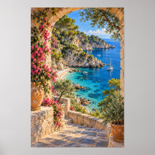 Mediterrane terras van steen met uitzicht op turqu poster