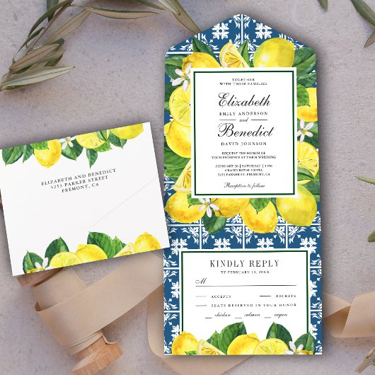 Mediterrane Tile Rustic Lemon Orchard Wedding All In One Uitnodiging