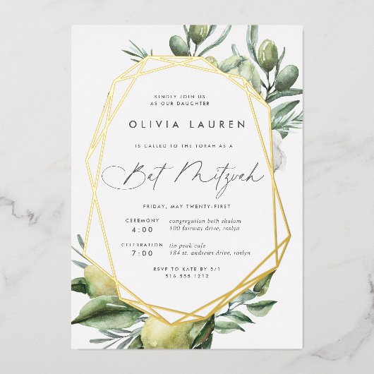 Mediterrane tuin Bat Mitzvah Folie Uitnodiging (Voorkant)