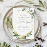 Mediterrane tuin Bat Mitzvah Folie Uitnodiging<br><div class="desc">Het mooie thema bat mitzvah voor de lente of de zomer is een grijs letterwoord dat is omgeven door een gouden folie geometrische grens en delicate waterverf illustraties van mediterrane groen, bladeren, olijven en citroenen. Pas uw tempelceremonie en feestdetails aan. Een moderne keuze in een natuurlijk kleurenschema voor gebeurtenissen die...</div>