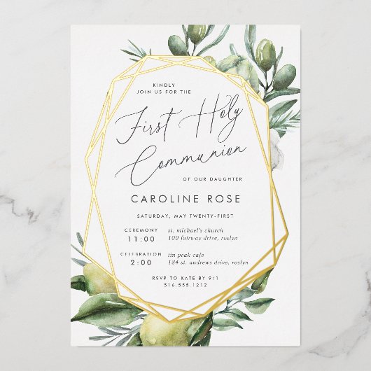 Mediterrane tuin, eerste Heilige Communie Folie Uitnodiging (Voorkant)