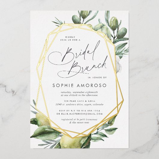 Mediterrane tuingroene botanische bridal Brunch Folie Uitnodiging (Voorkant)