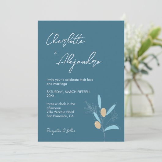 Mediterrane Vibes bruiloft uitnodiging blauw (Staand voorkant)