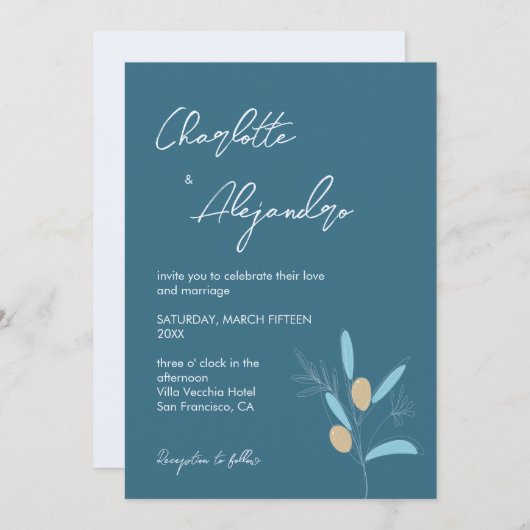 Mediterrane Vibes bruiloft uitnodiging blauw (Voorkant / Achterkant)