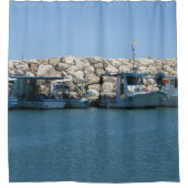 Mediterrane Vissen boten in blauw Zee Douchegordijn (Voorkant)