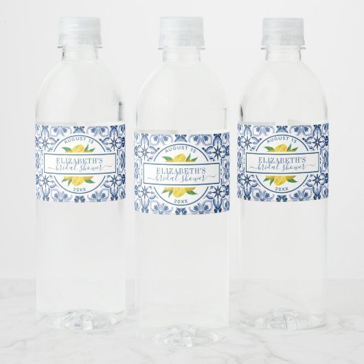 Mediterrane Vrijgezellenfeest Lemon Blue Tegel Waterfles Etiket (Flessen)