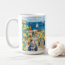Mediterrane vrouw scooter illustratie koffie koffiemok