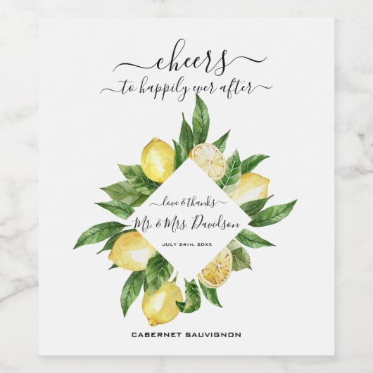 Mediterrane Waterverf Lemon Tropical Wedding Wijn Etiket (Enkel label)