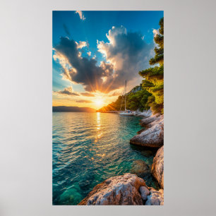 ⛵ Mediterrane zeilboot zonsondergang gloed Poster