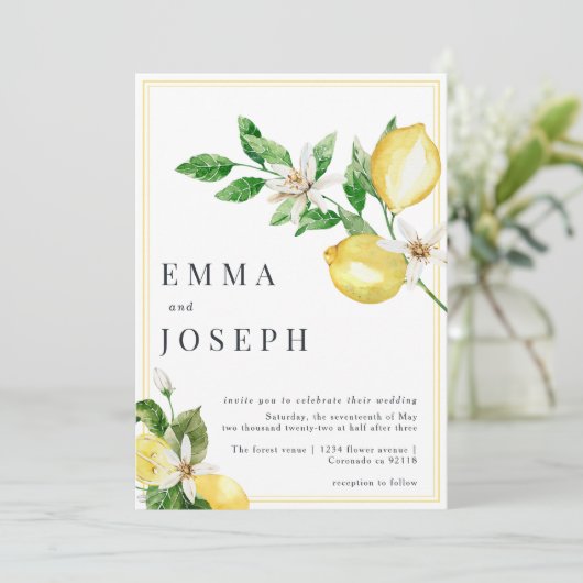 Mediterrane zomer citroen felgele bruiloft kaart (Staand voorkant)