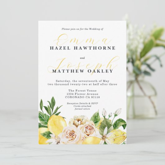 Mediterrane zomer citroen felgele bruiloft kaart (Staand voorkant)