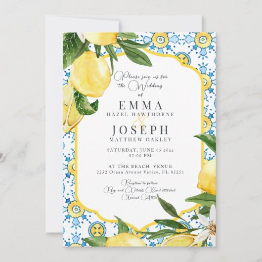 Mediterrane zomer citroenblauw bruiloft kaart (Voorkant)