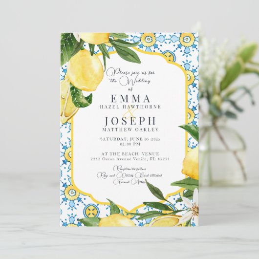Mediterrane zomer citroenblauw bruiloft kaart (Staand voorkant)