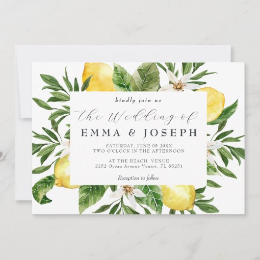 Mediterrane zomer citroenblauw bruiloft kaart (Voorkant)