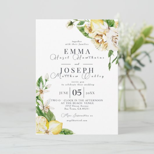 Mediterrane zomer citroenblauw bruiloft kaart (Staand voorkant)