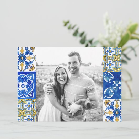 Mediterrane zomer Foto Bruiloft "Dank u" Save The Date (Staand voorkant)